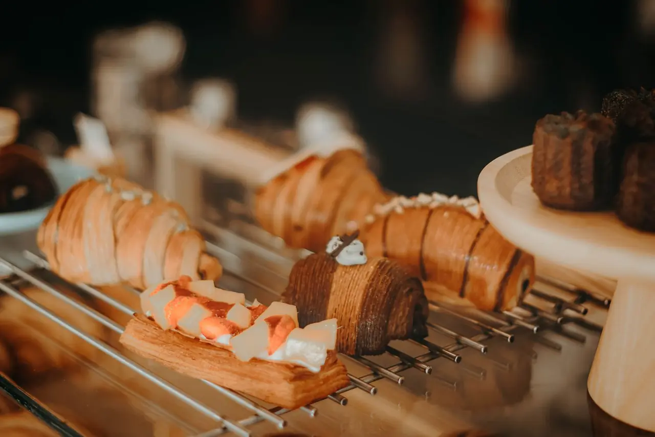 Carefully arranged gourmet pastries on display