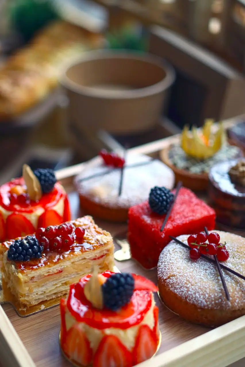 Gourmet patisserie dessert presentation with fresh seasonal berries and vanilla cream