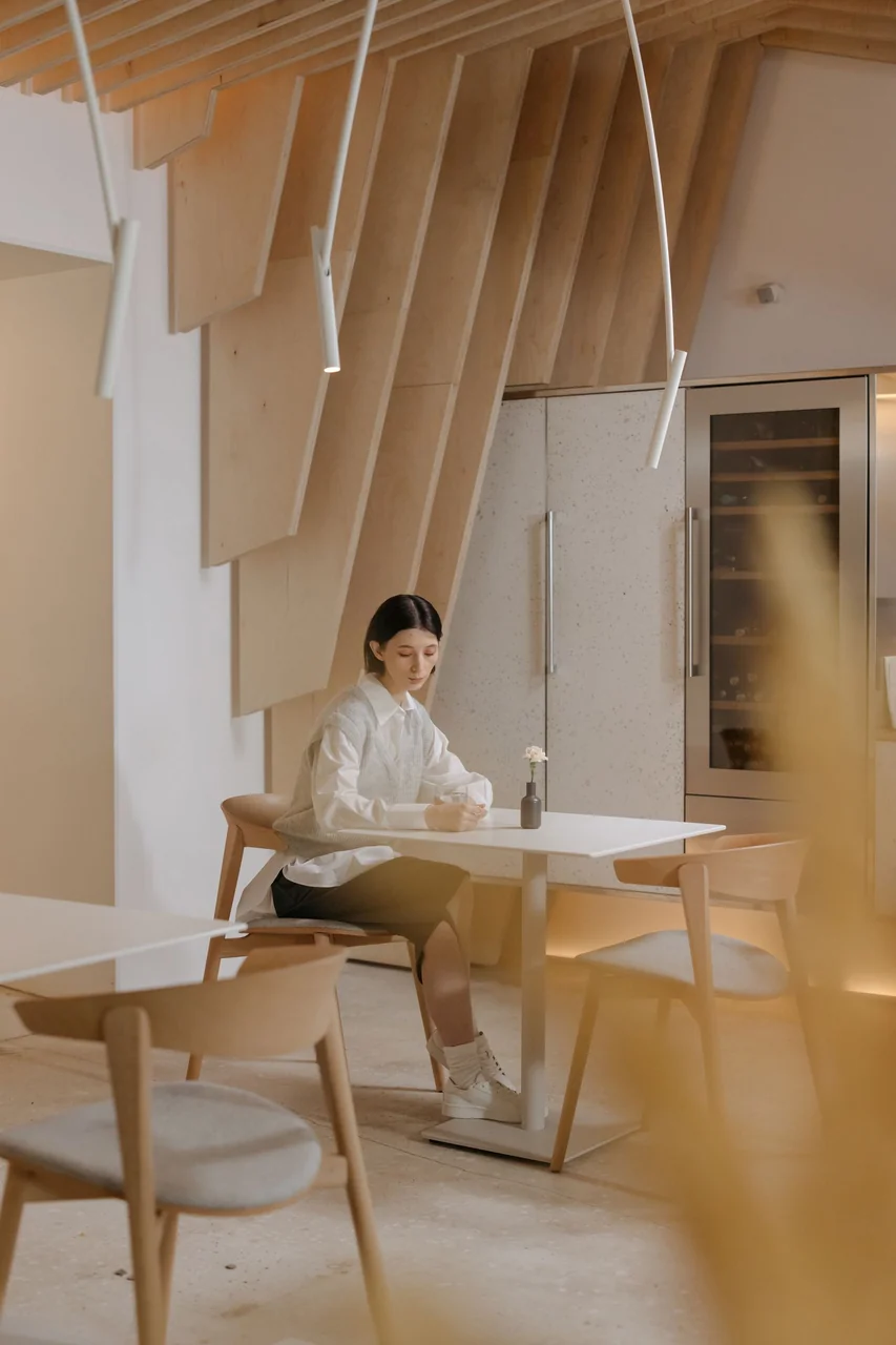 Warm, quiet café interior with timber furnishings