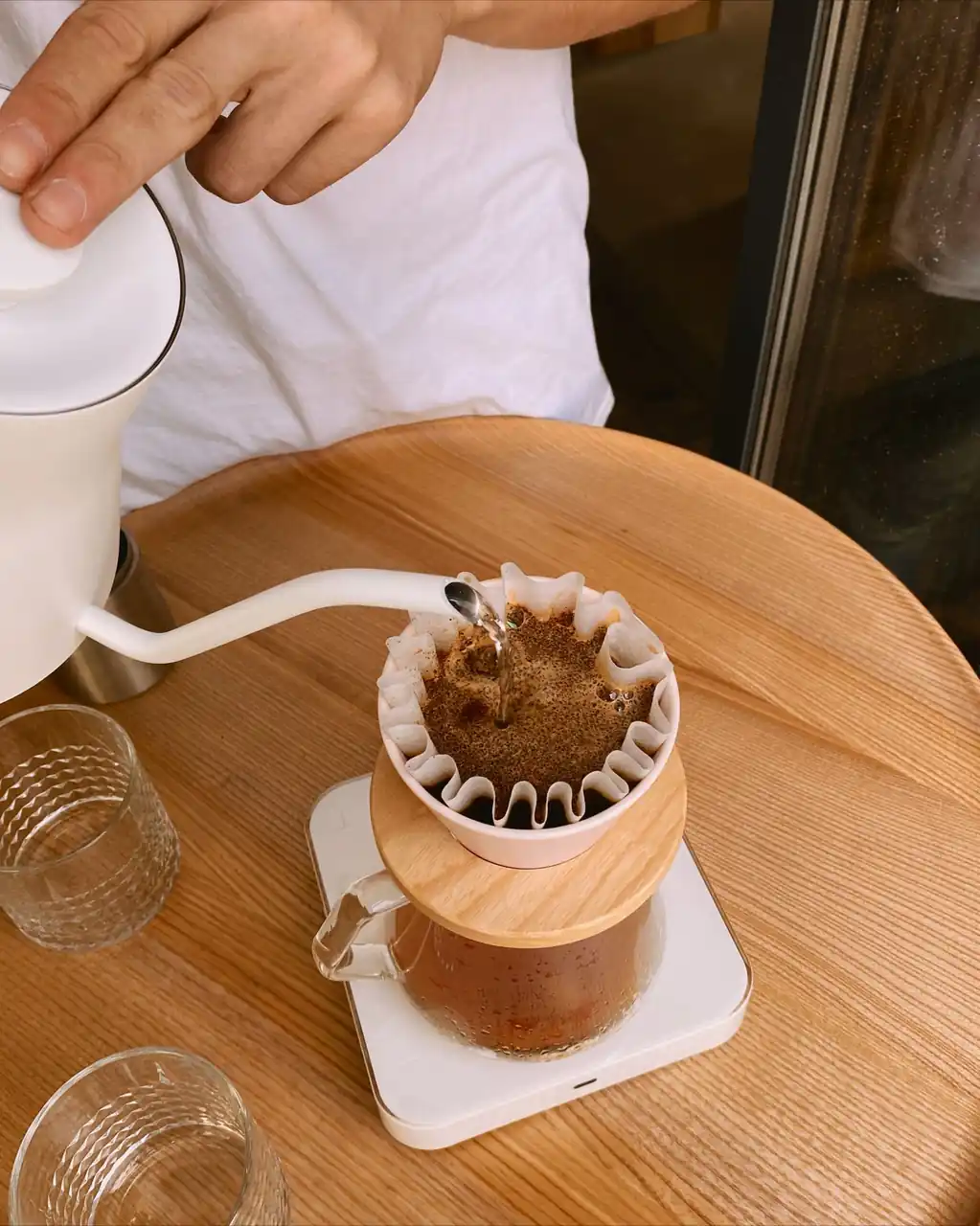 Precision pour-over coffee service in Australian ceramic carafe